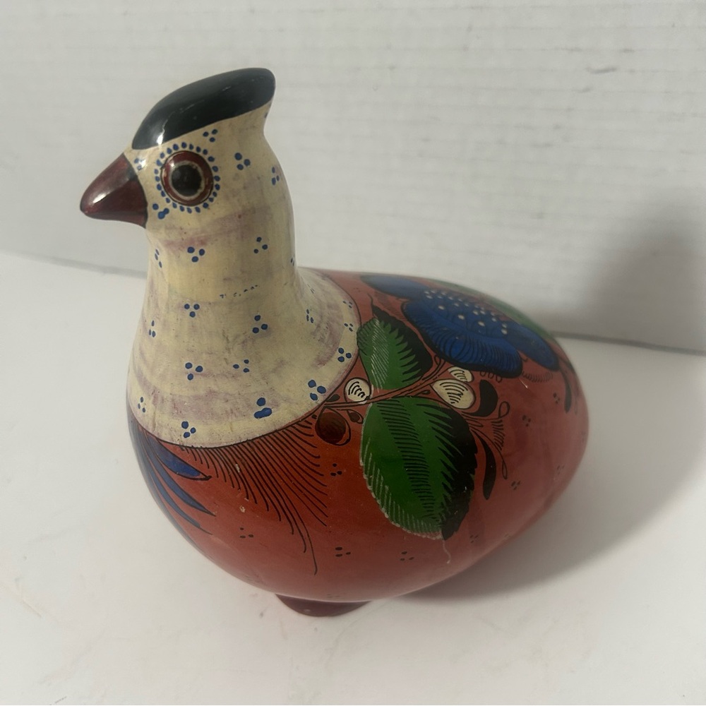 VTG Tonala Terracotta Bird Floral Blue Hand-Painted Bird Figurine